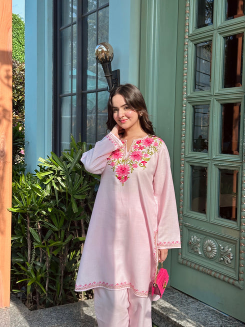 Bhavya in Kashmiri Aari Work Cotton Kurta Set - Baby Pink