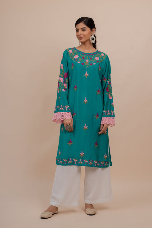 Asmeet in Falak Kashmiri Long Kurta In Turquoise Blue Muslin With Aari
