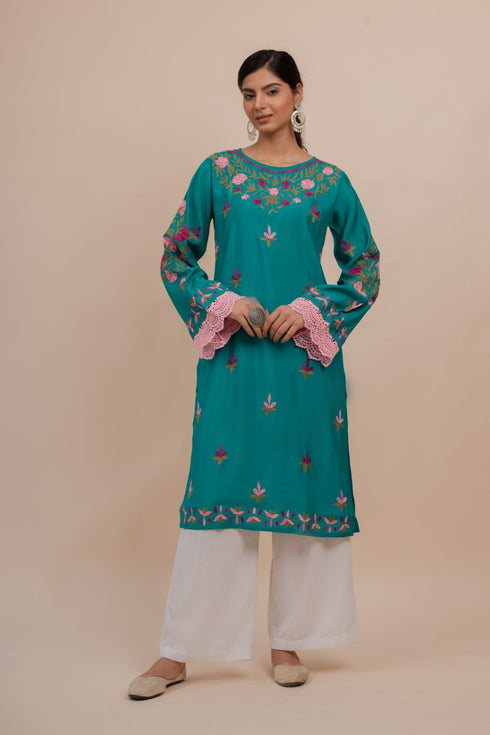 Asmeet in Falak Kashmiri Long Kurta In Turquoise Blue Muslin With Aari