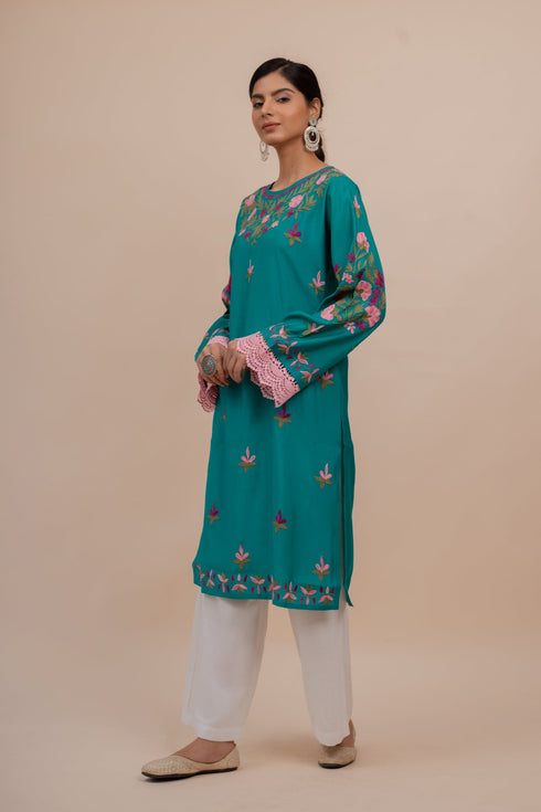 Asmeet in Falak Kashmiri Long Kurta In Turquoise Blue Muslin With Aari