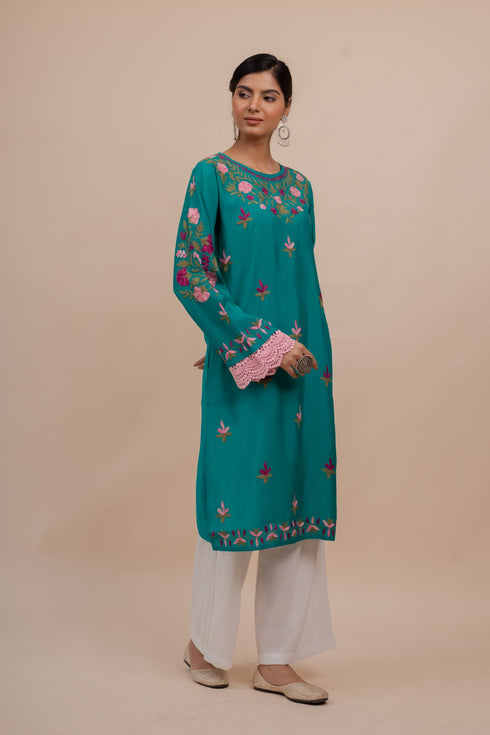 Asmeet in Falak Kashmiri Long Kurta In Turquoise Blue Muslin With Aari
