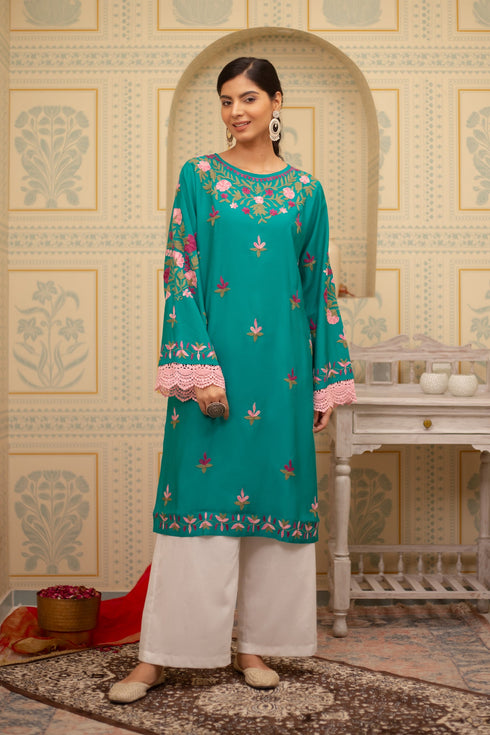 Asmeet in Falak Kashmiri Long Kurta In Turquoise Blue Muslin With Aari