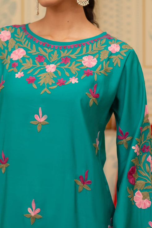 Asmeet in Falak Kashmiri Long Kurta In Turquoise Blue Muslin With Aari