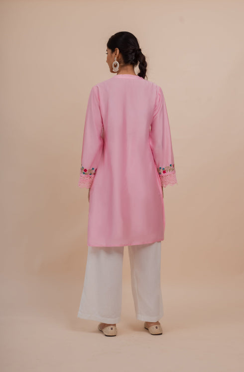 Falak Kashmiri Long Kurta In Pink Chanderi Silk With Aari