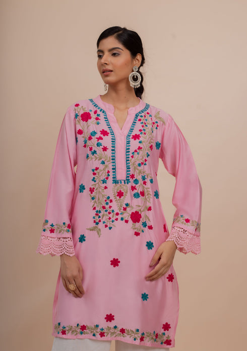 Falak Kashmiri Long Kurta In Pink Chanderi Silk With Aari