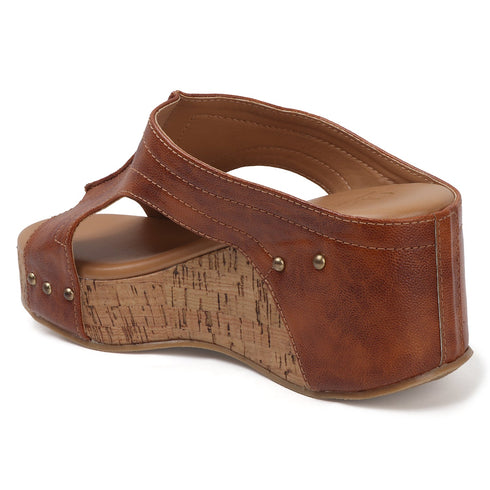 Women's High Wedge Mule Sandals with Cork Heel and Cut-Out Strap
