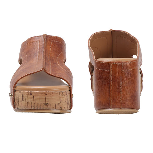 Women's High Wedge Mule Sandals with Cork Heel and Cut-Out Strap