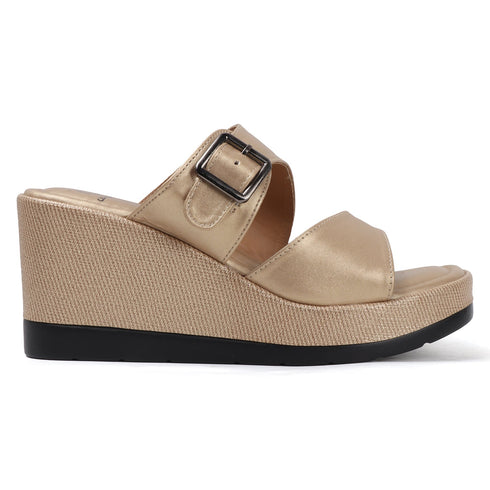Women's Metallic Gold Wedge Mule Sandals with Buckle Detail