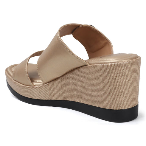 Women's Metallic Gold Wedge Mule Sandals with Buckle Detail
