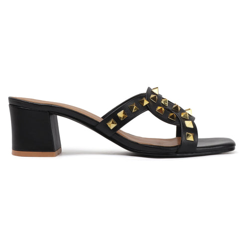 Women's Chic Black Studded Block Heel Sandals with Square Toe