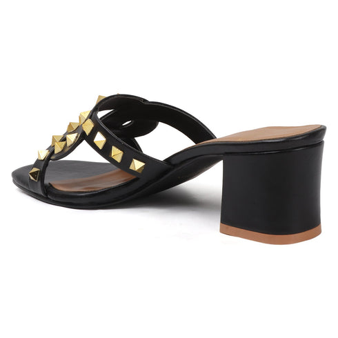 Women's Chic Black Studded Block Heel Sandals with Square Toe