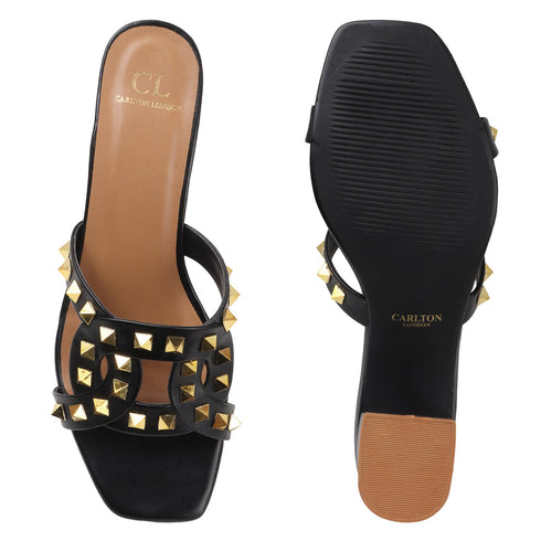 Women's Chic Black Studded Block Heel Sandals with Square Toe