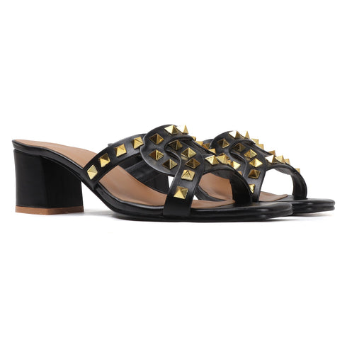 Women's Chic Black Studded Block Heel Sandals with Square Toe