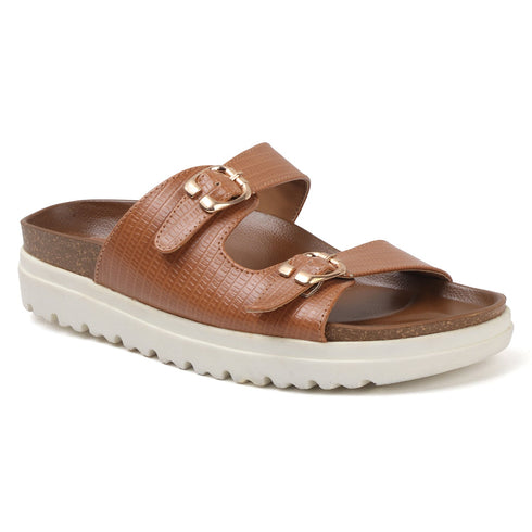 Women's Textured Tan Platform Buckle Slide Sandals