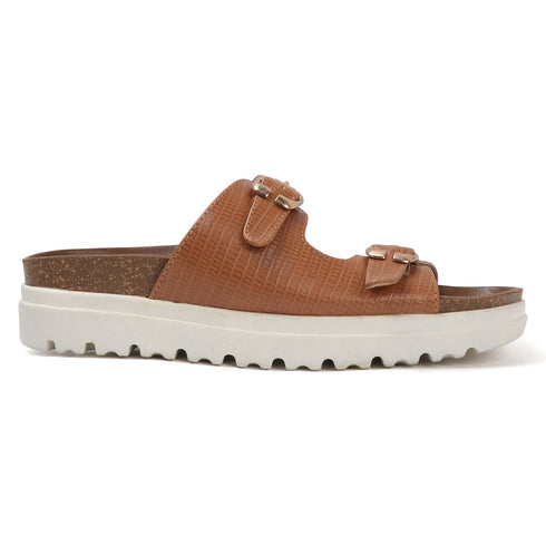 Women's Textured Tan Platform Buckle Slide Sandals