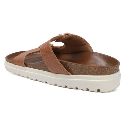 Women's Textured Tan Platform Buckle Slide Sandals