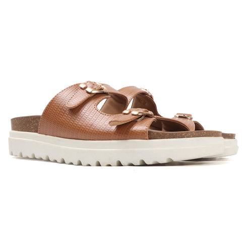 Women's Textured Tan Platform Buckle Slide Sandals
