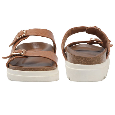 Women's Textured Tan Platform Buckle Slide Sandals