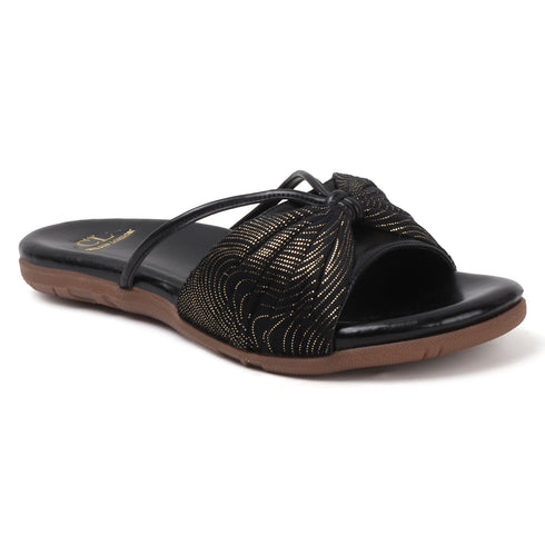 Women's Flat Slide Sandals with Metallic Swirl Print and Knot Detail