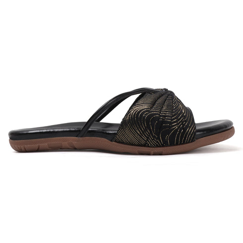 Women's Flat Slide Sandals with Metallic Swirl Print and Knot Detail
