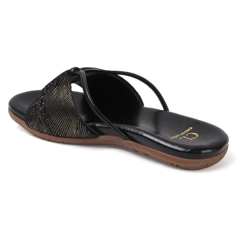 Women's Flat Slide Sandals with Metallic Swirl Print and Knot Detail