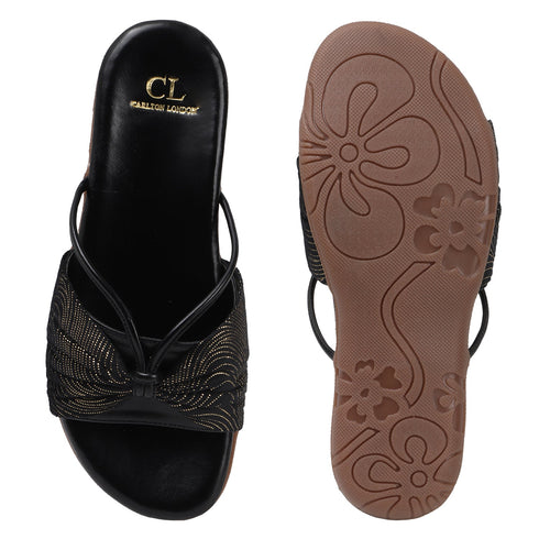 Women's Flat Slide Sandals with Metallic Swirl Print and Knot Detail
