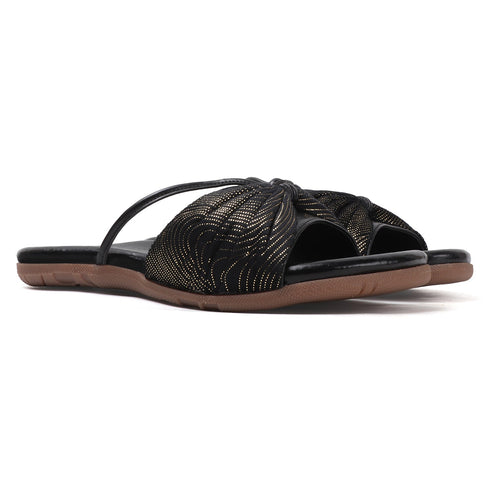 Women's Flat Slide Sandals with Metallic Swirl Print and Knot Detail
