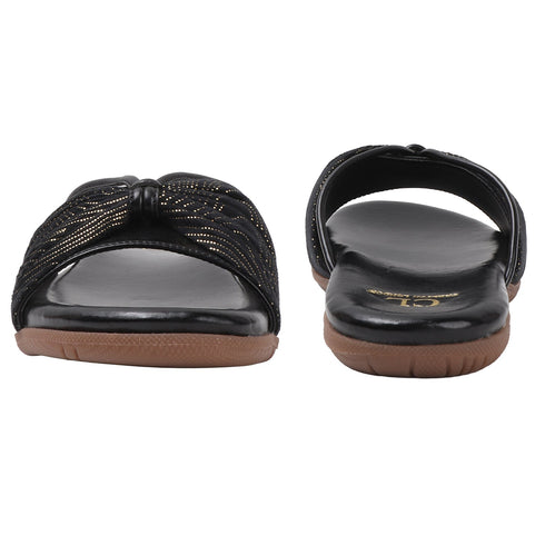 Women's Flat Slide Sandals with Metallic Swirl Print and Knot Detail