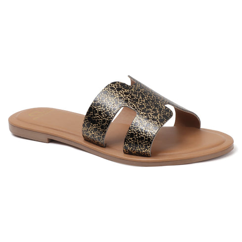 Women's Flat H-Strap Slide Sandals with Gold Metallic Speckle