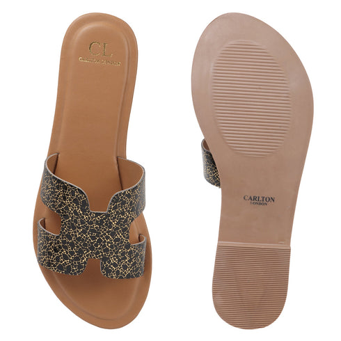 Women's Flat H-Strap Slide Sandals with Gold Metallic Speckle