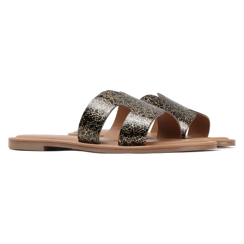 Women's Flat H-Strap Slide Sandals with Gold Metallic Speckle