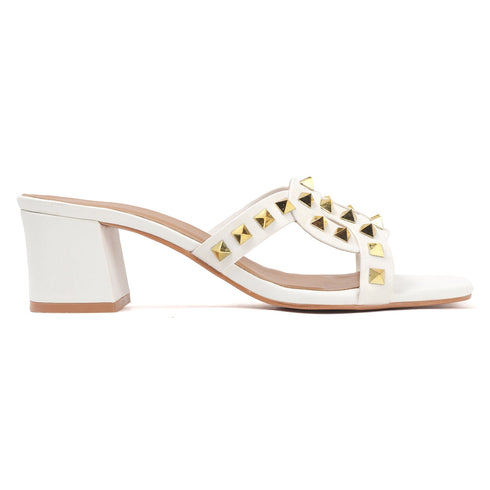 Women's Chic Black Studded Block Heel Sandals with Square Toe