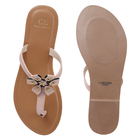 Women's Flat Thong Sandal with Studded Bow/Flower Accent