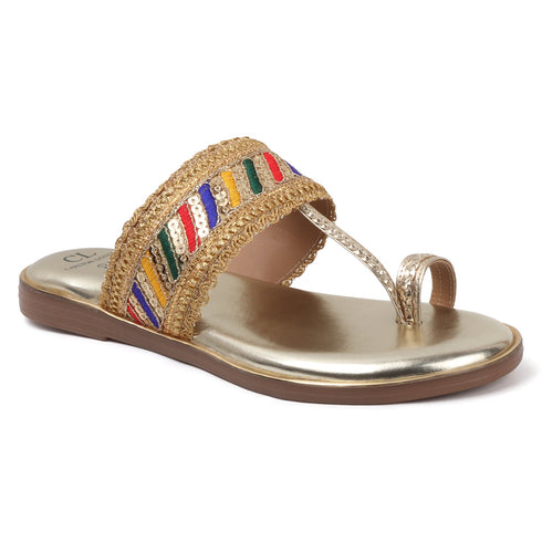Women's Metallic Gold Flat Toe-Ring Sandal with Multicolored Woven Strap