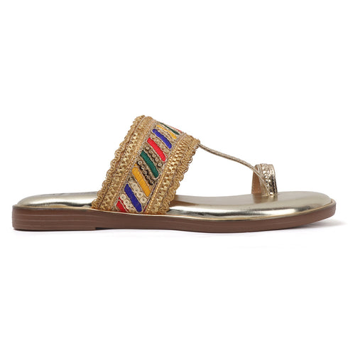 Women's Metallic Gold Flat Toe-Ring Sandal with Multicolored Woven Strap
