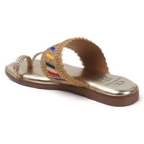 Women's Metallic Gold Flat Toe-Ring Sandal with Multicolored Woven Strap