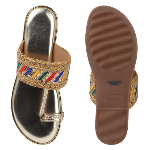 Women's Metallic Gold Flat Toe-Ring Sandal with Multicolored Woven Strap
