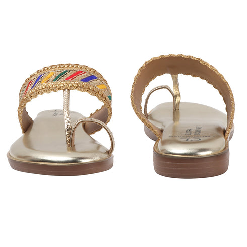 Women's Metallic Gold Flat Toe-Ring Sandal with Multicolored Woven Strap
