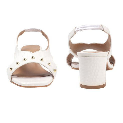 White Textured Slingback Block Heels with Gold Stud Detail