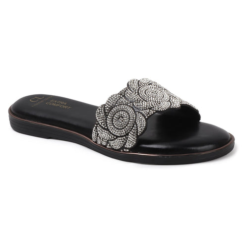 Flat Glamour Women's Sandal with Rhinestone Floral Embellishment