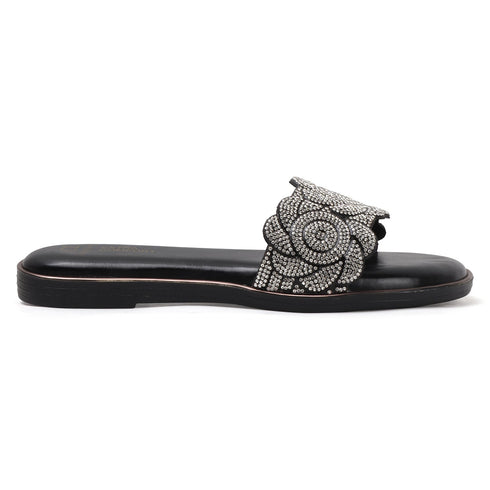 Flat Glamour Women's Sandal with Rhinestone Floral Embellishment