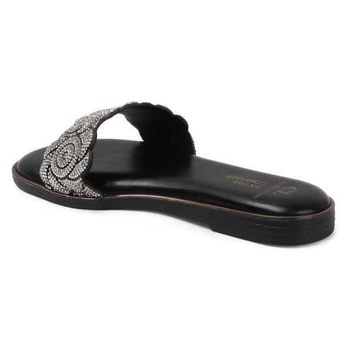 Flat Glamour Women's Sandal with Rhinestone Floral Embellishment