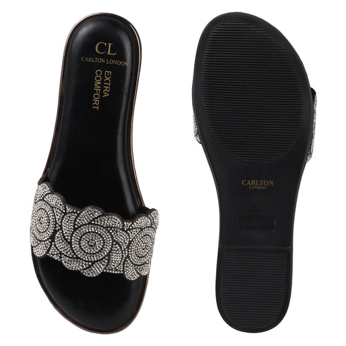 Flat Glamour Women's Sandal with Rhinestone Floral Embellishment