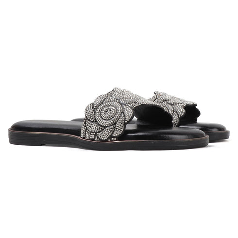 Flat Glamour Women's Sandal with Rhinestone Floral Embellishment