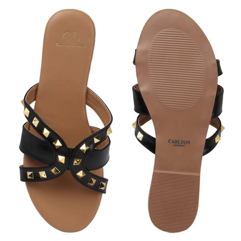 Flat Cross-Strap Women Sandal with Gold Pyramid Studs
