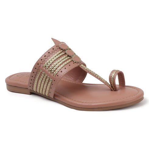 Women's Ethnic Toe-Ring Flat Sandals with Gold Braid and Cut-Outs