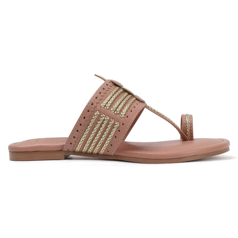 Women's Ethnic Toe-Ring Flat Sandals with Gold Braid and Cut-Outs