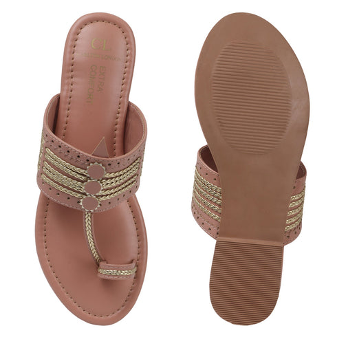 Women's Ethnic Toe-Ring Flat Sandals with Gold Braid and Cut-Outs