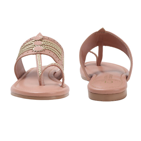 Women's Ethnic Toe-Ring Flat Sandals with Gold Braid and Cut-Outs