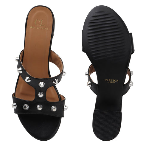 Women's Low Block Heel Sandals with Silver Stud Accents